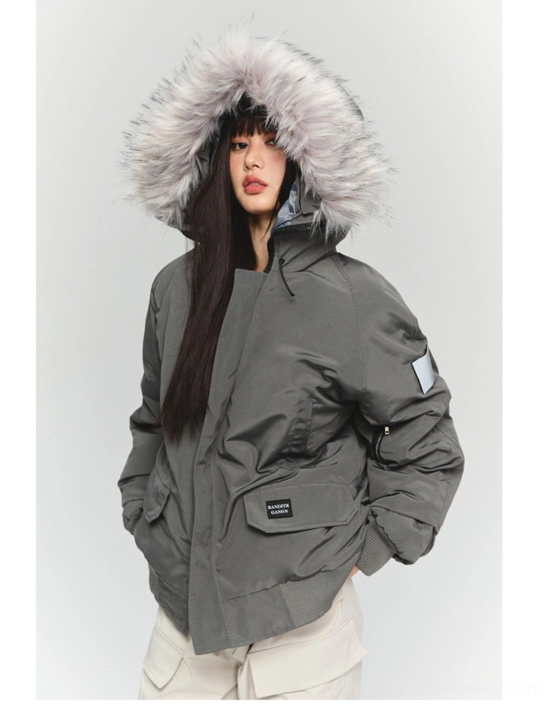 Oversized faux fur hooded parka jacket product image showcasing relaxed utility outerwear design for urban winter outfits