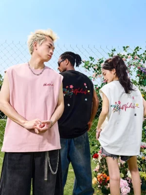 Three models wearing oversized floral embroidered script muscle tank tops in black white and pink outdoors in a garden streetwear setting