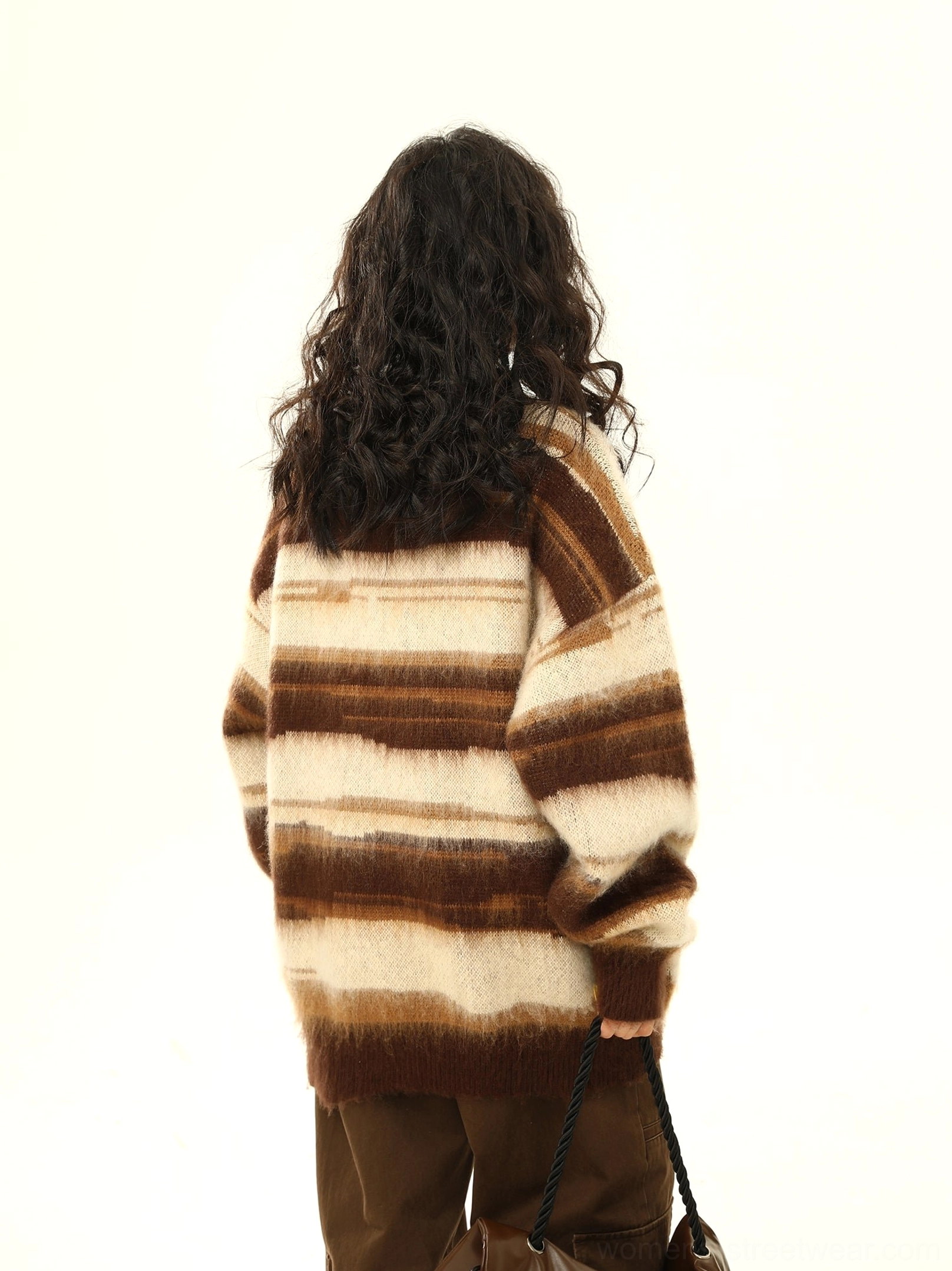 Oversized fuzzy striped knit sweater relaxed dropped shoulder streetwear fit detail