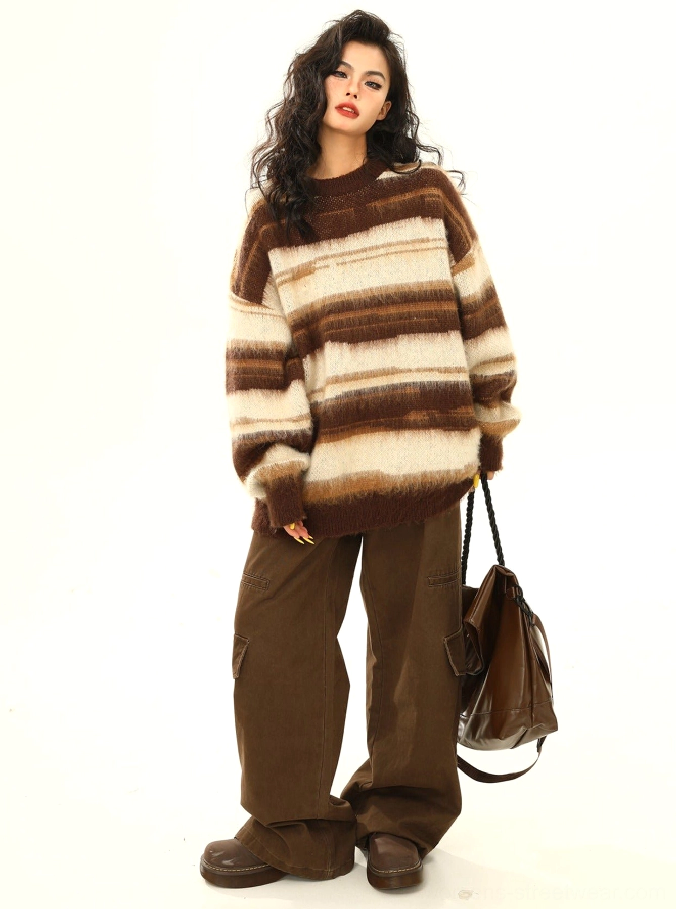 Oversized fuzzy striped knit sweater modern Korean streetwear outfit view