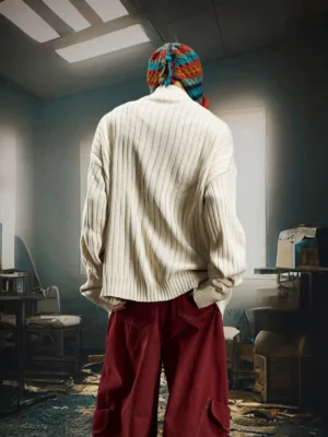 Back view of oversized apricot ribbed zip knit cardigan showing clean plain back panel and dropped shoulder streetwear fit