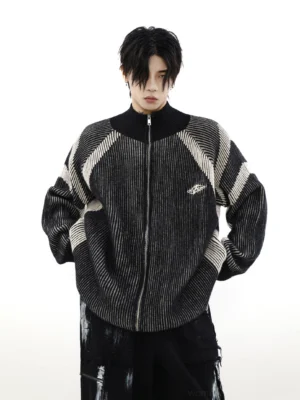 Black oversized high-neck striped knit zip cardigan with ribbed texture and relaxed Korean streetwear fit shown from the front