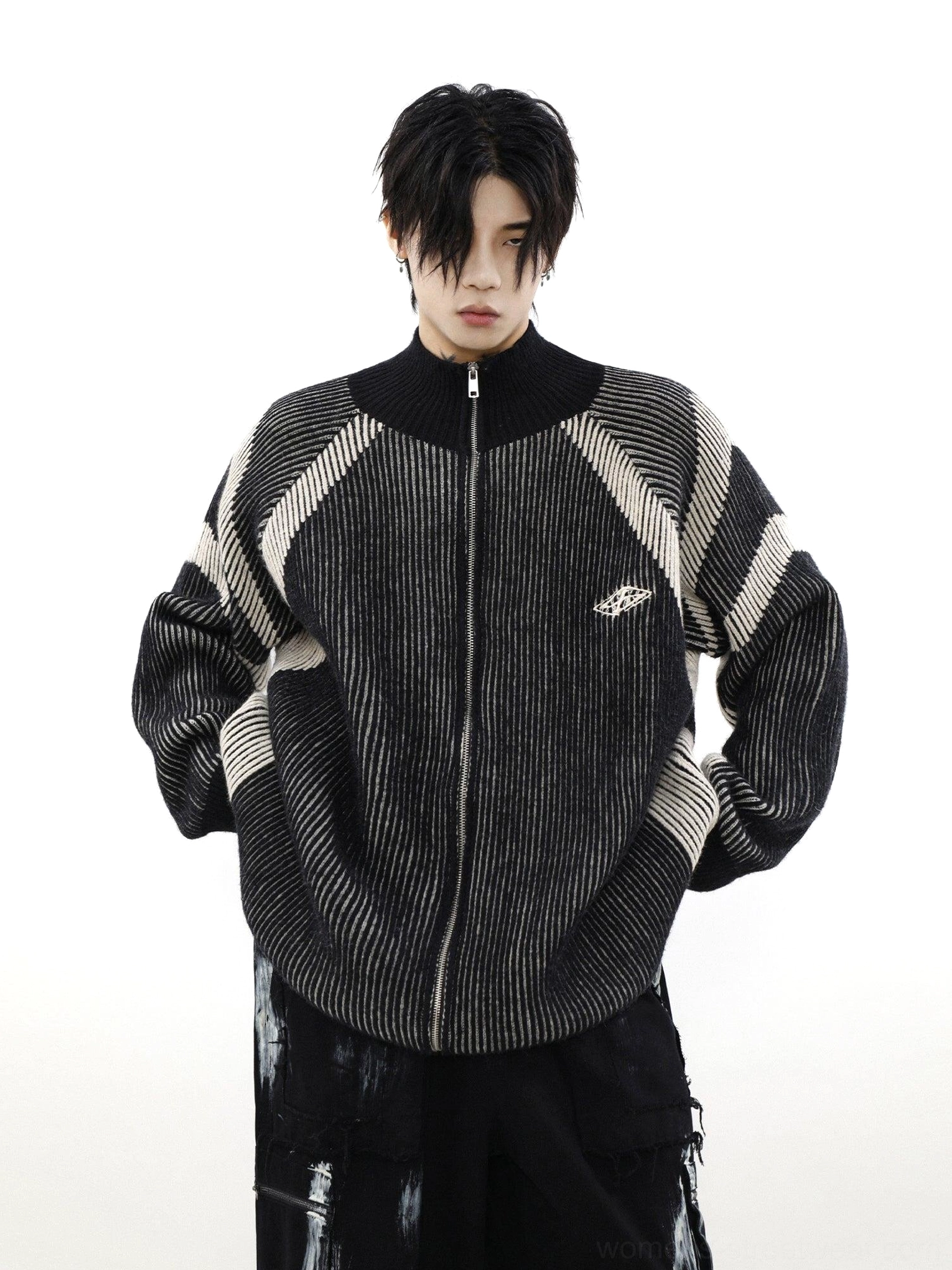 Black oversized high-neck striped knit zip cardigan with ribbed texture and relaxed Korean streetwear fit shown from the front