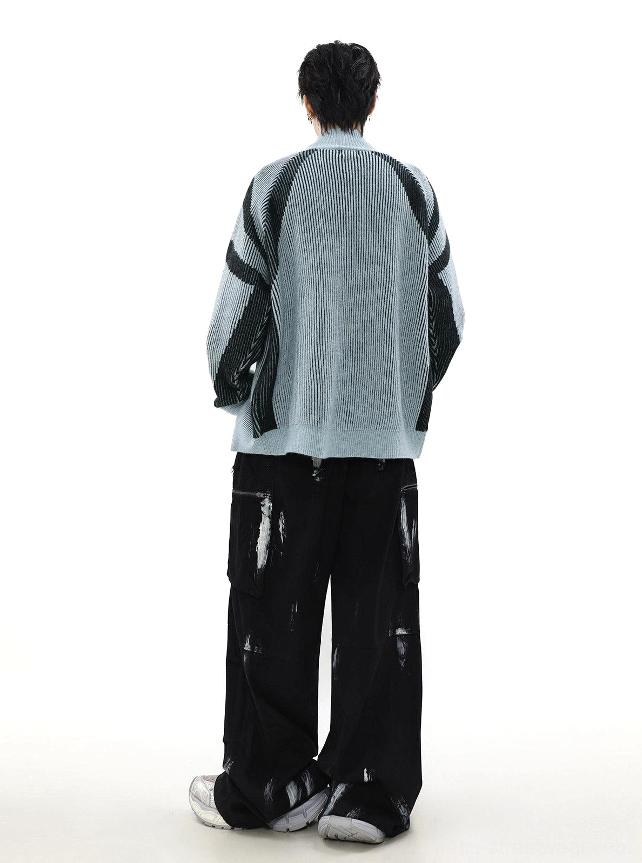 Oversized high-neck striped knit zip cardigan with ribbed texture and relaxed contemporary streetwear silhouette