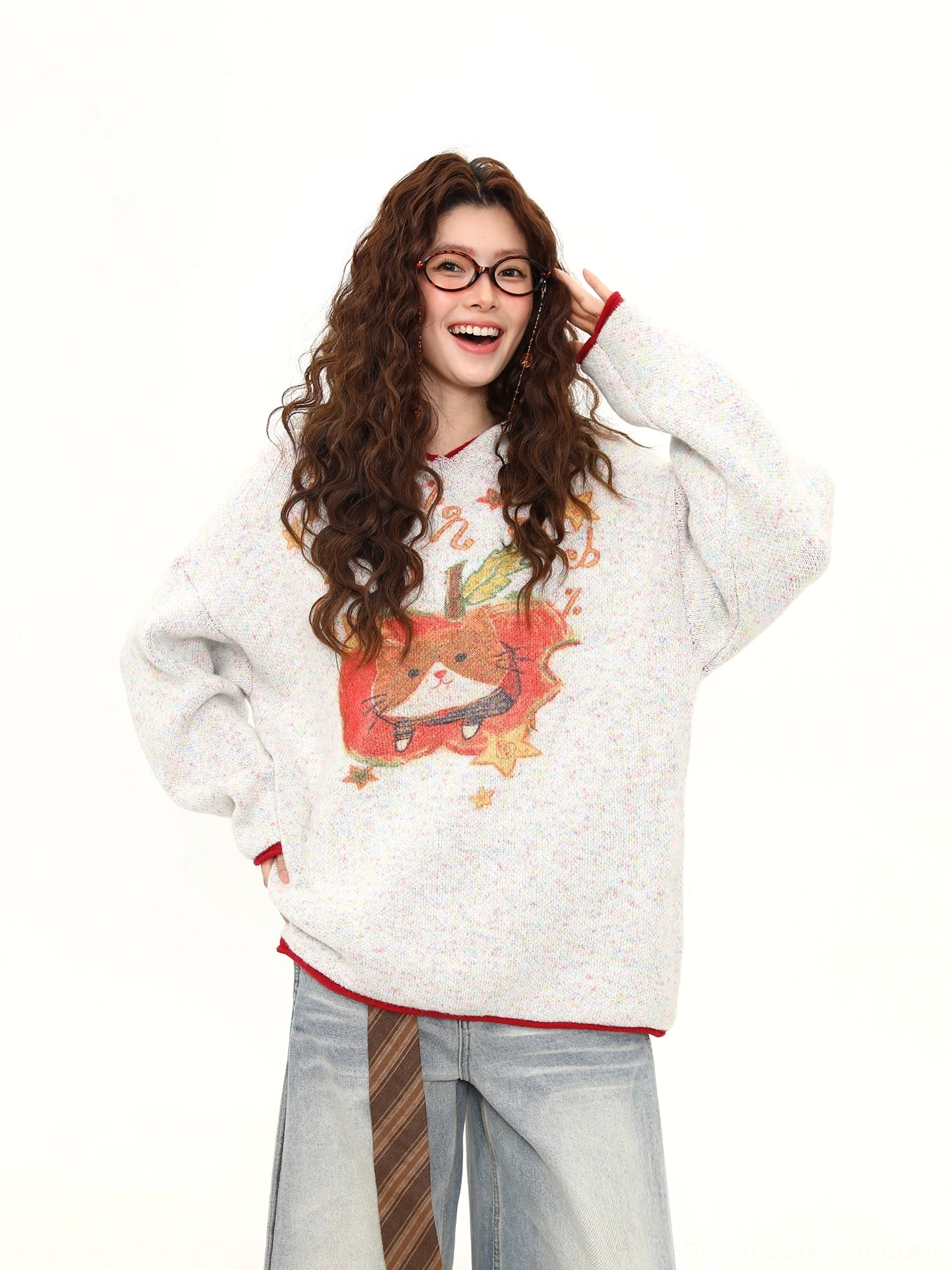 Oversized white gray kitty apple pie knit sweater with red contrast trim shown in a front three-quarter studio view
