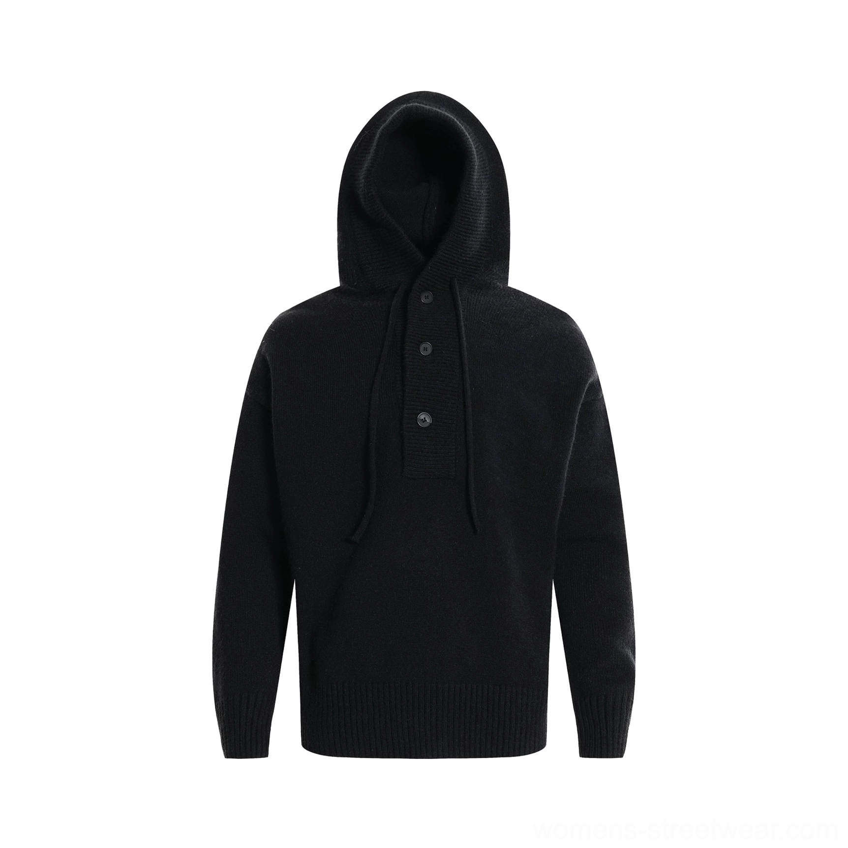 Black oversized knit half-button streetwear hoodie sweater product view featuring a deep black knit and relaxed oversized fit