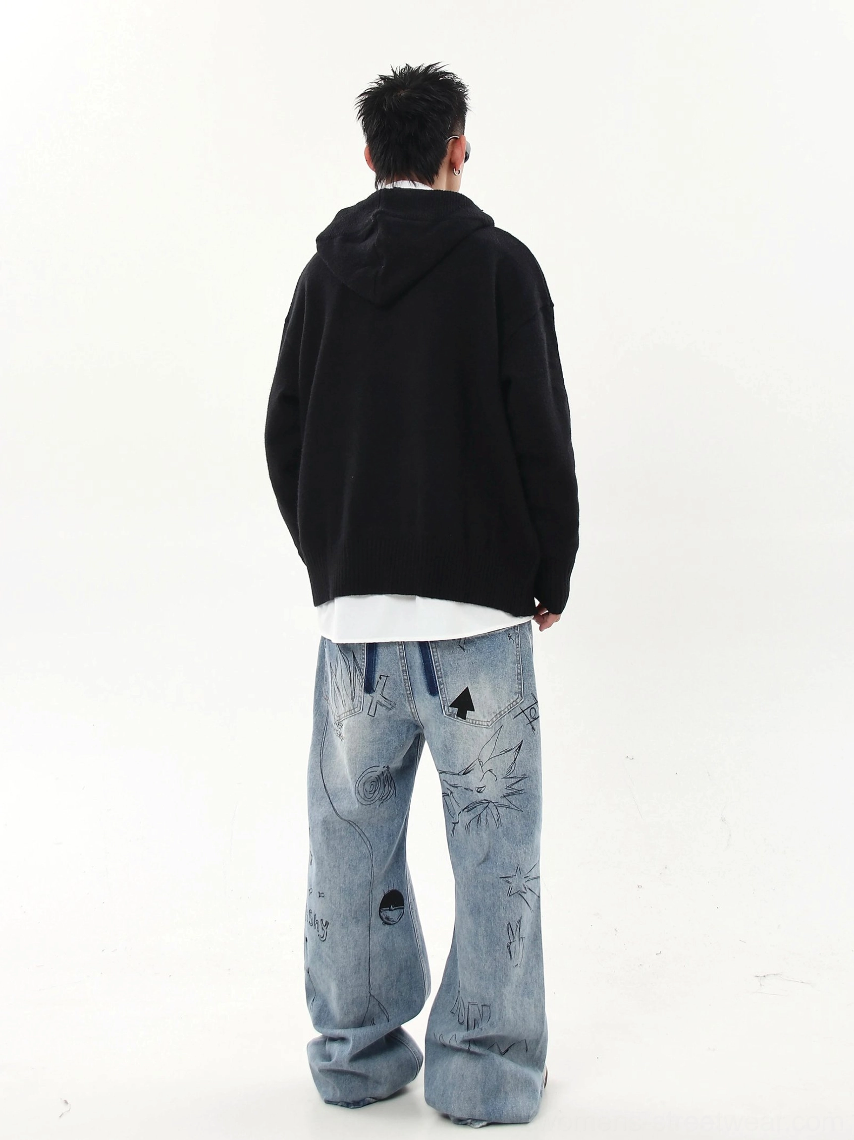 Oversized knit half-button streetwear hoodie sweater in versatile gray and black colorway style presentation