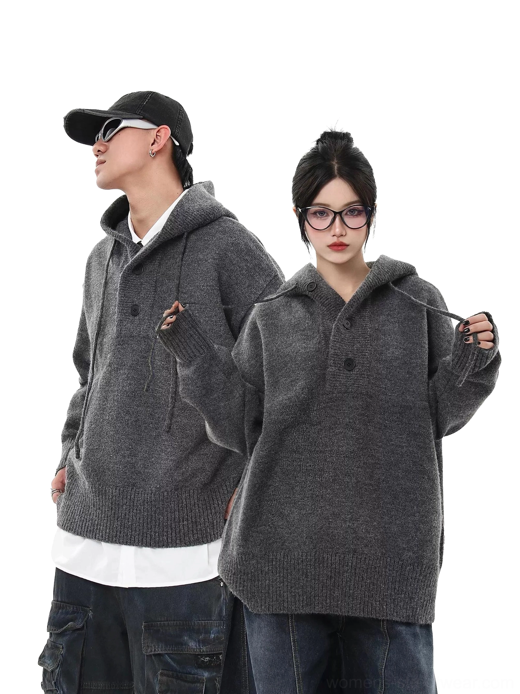 Heather gray oversized knit half-button streetwear hoodie sweater worn by two models in a side full-body streetwear outfit view