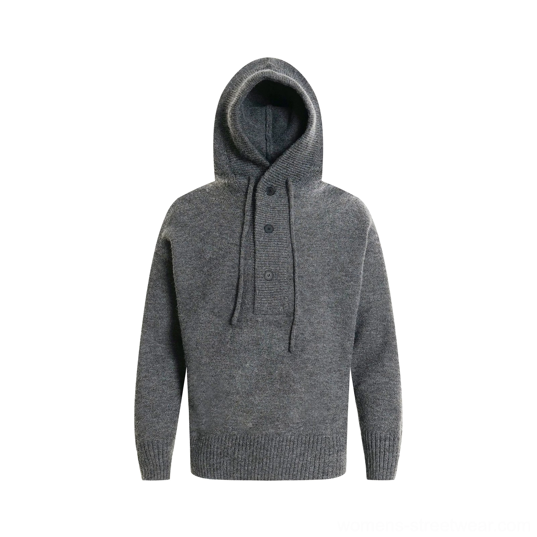Gray oversized knit half-button streetwear hoodie sweater product view with soft melange knit texture and relaxed silhouette