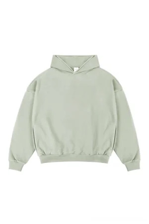 Sage green oversized Korean streetwear hoodie with relaxed dropped shoulder silhouette ribbed hem and cuffs