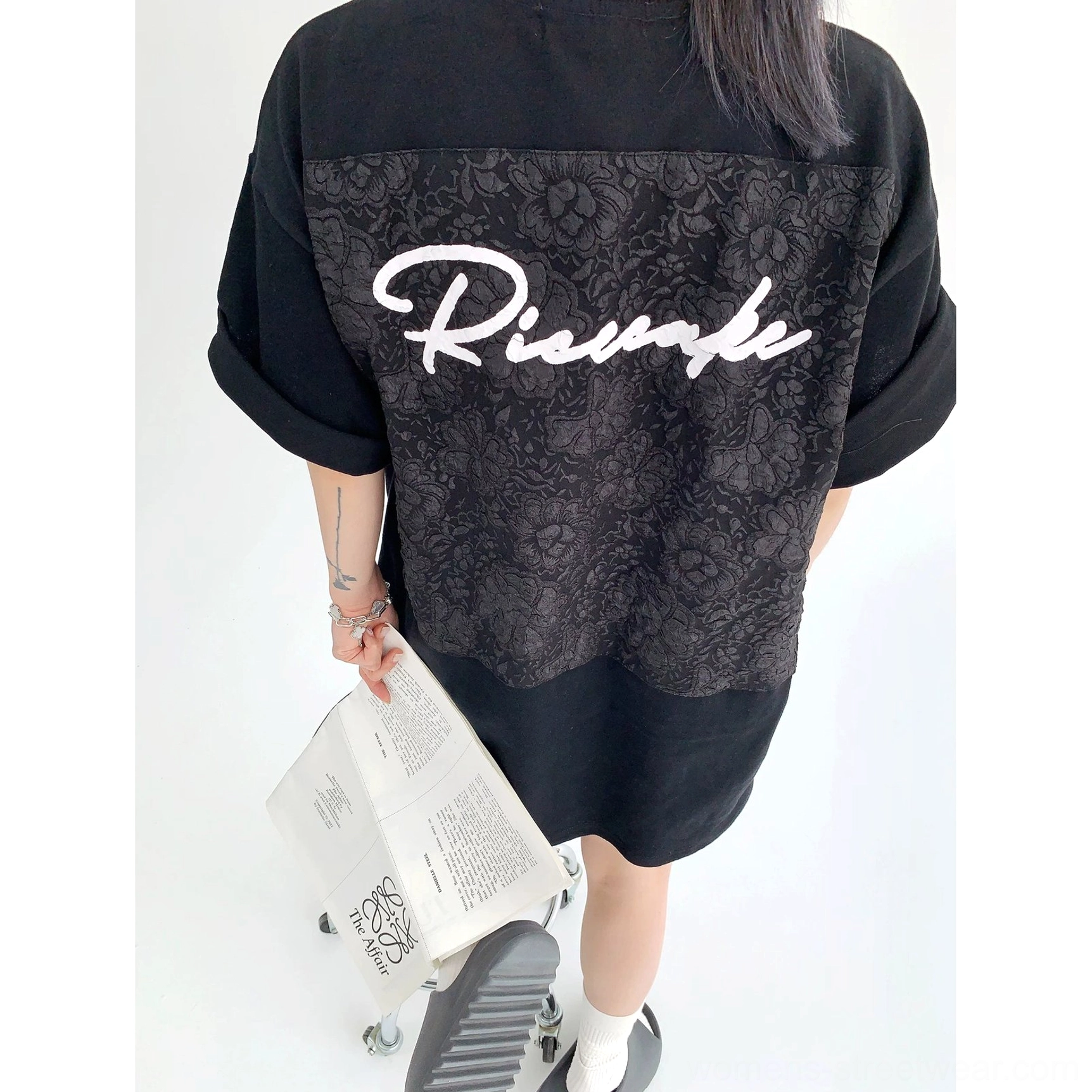 Oversized lace panel script streetwear tee heavyweight cotton construction and rolled sleeve detail