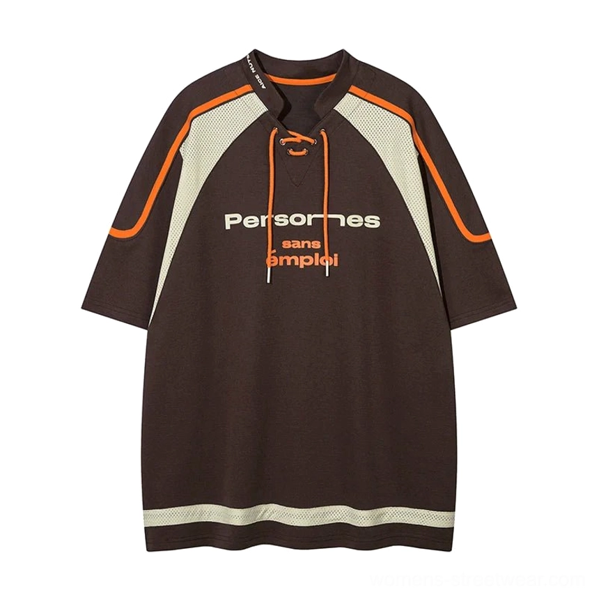Brown oversized lace-up collar American sports graphic T-shirt product colorway