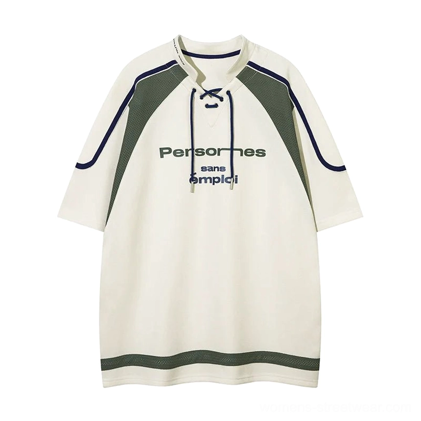 Oversized lace-up collar American sports graphic T-shirt streetwear styling image
