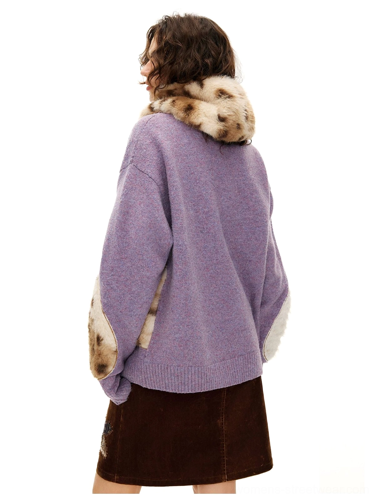 Back view of oversized lavender fuzzy cat cardigan showing relaxed silhouette, leopard faux-fur collar, and plush appliques on the sleeves