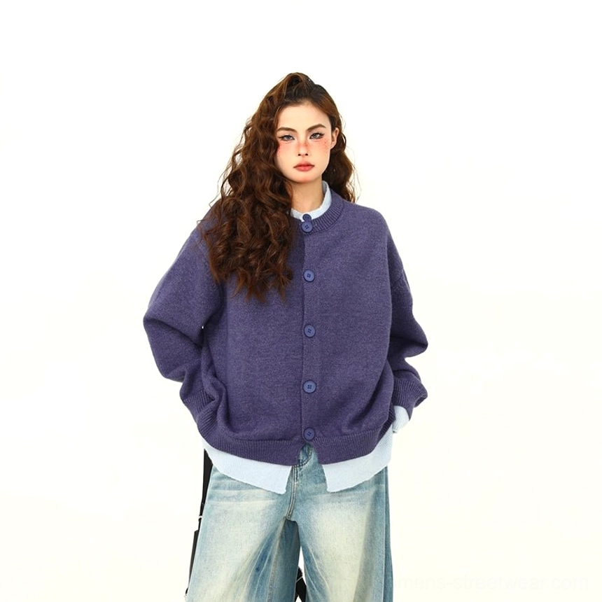 Blue oversized layered hem button knit cardigan women’s dropped shoulder casual sweater view