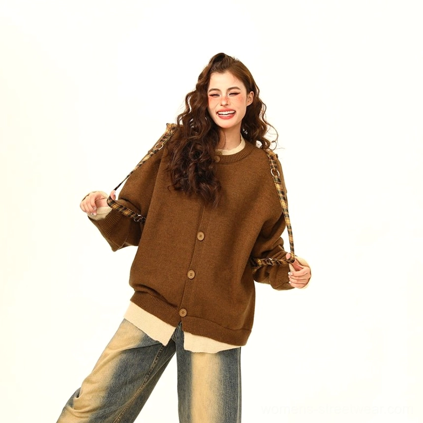 Brown oversized layered hem button knit cardigan women’s relaxed Korean streetwear sweater view