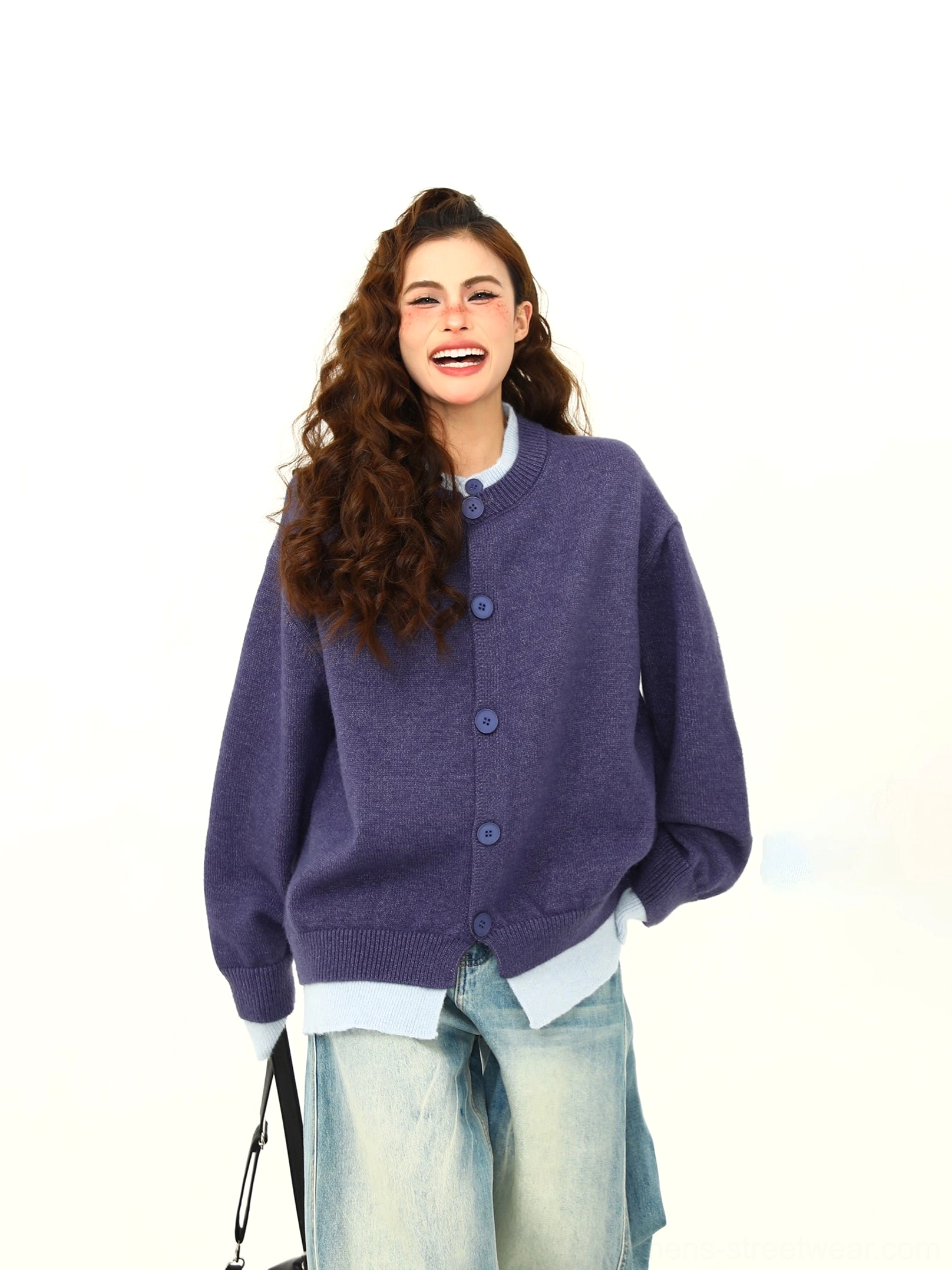 Oversized layered hem button knit cardigan front button closure and contrast trim detail