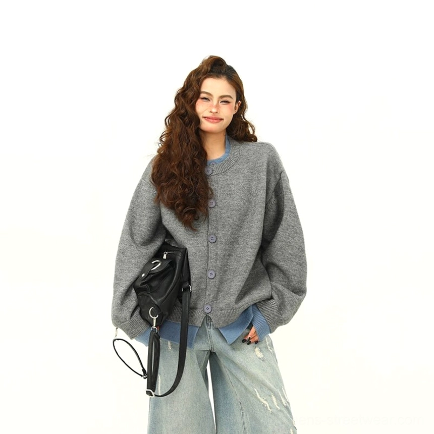 Oversized layered hem button knit cardigan contrast cuff and hem design product detail