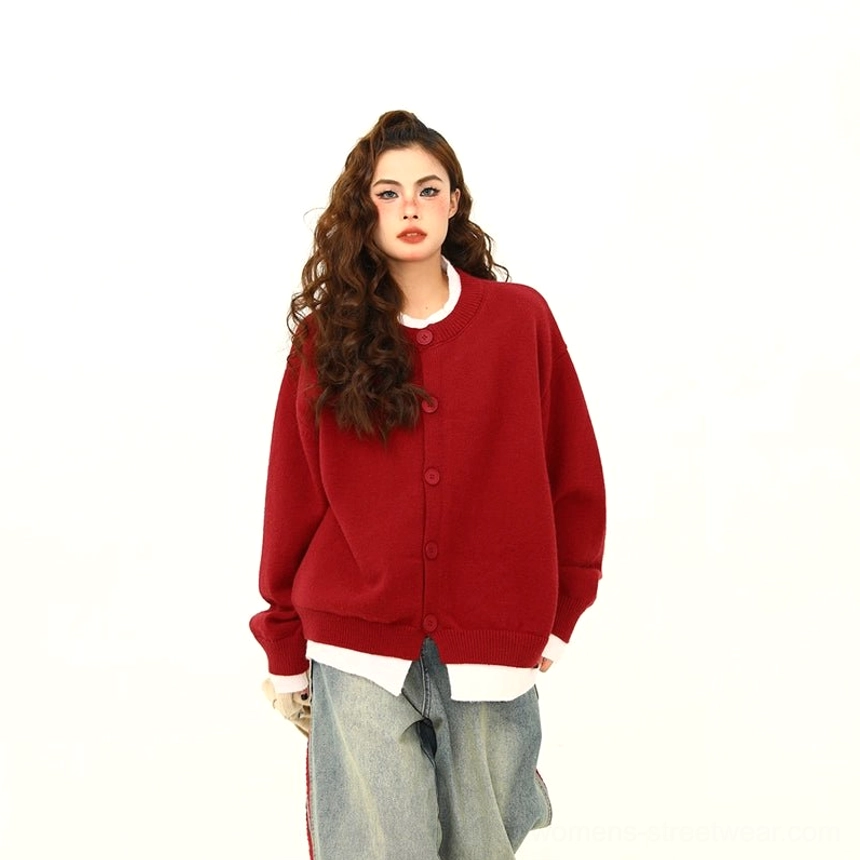 Dark red oversized layered hem button knit cardigan women’s vintage campus streetwear sweater view