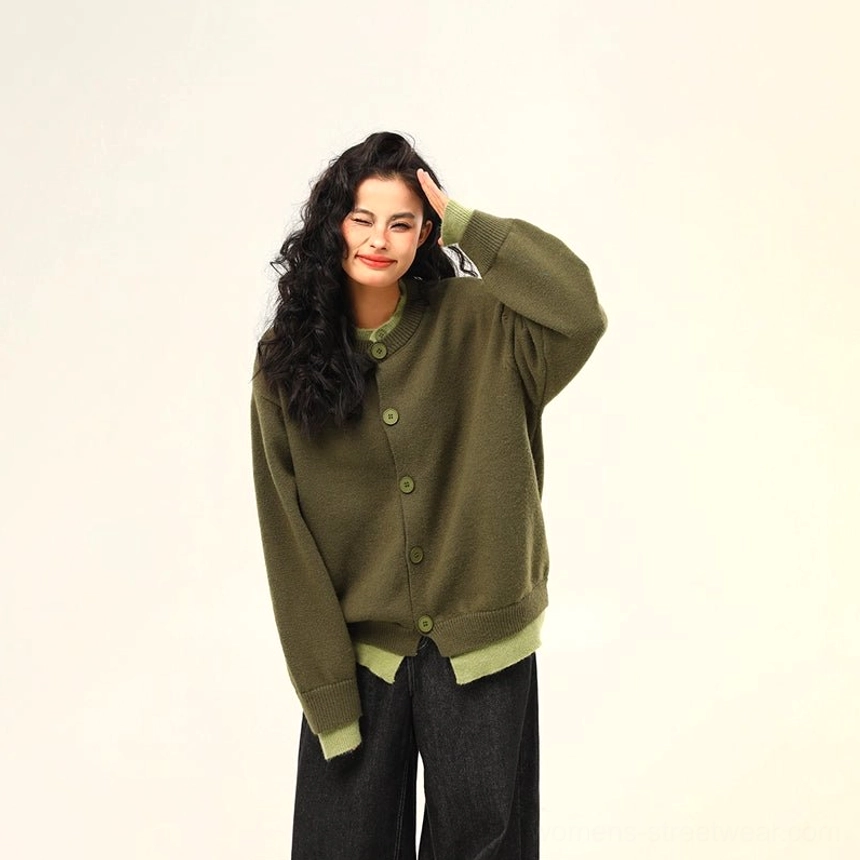 Green oversized layered hem button knit cardigan women’s relaxed fit Korean fashion sweater view