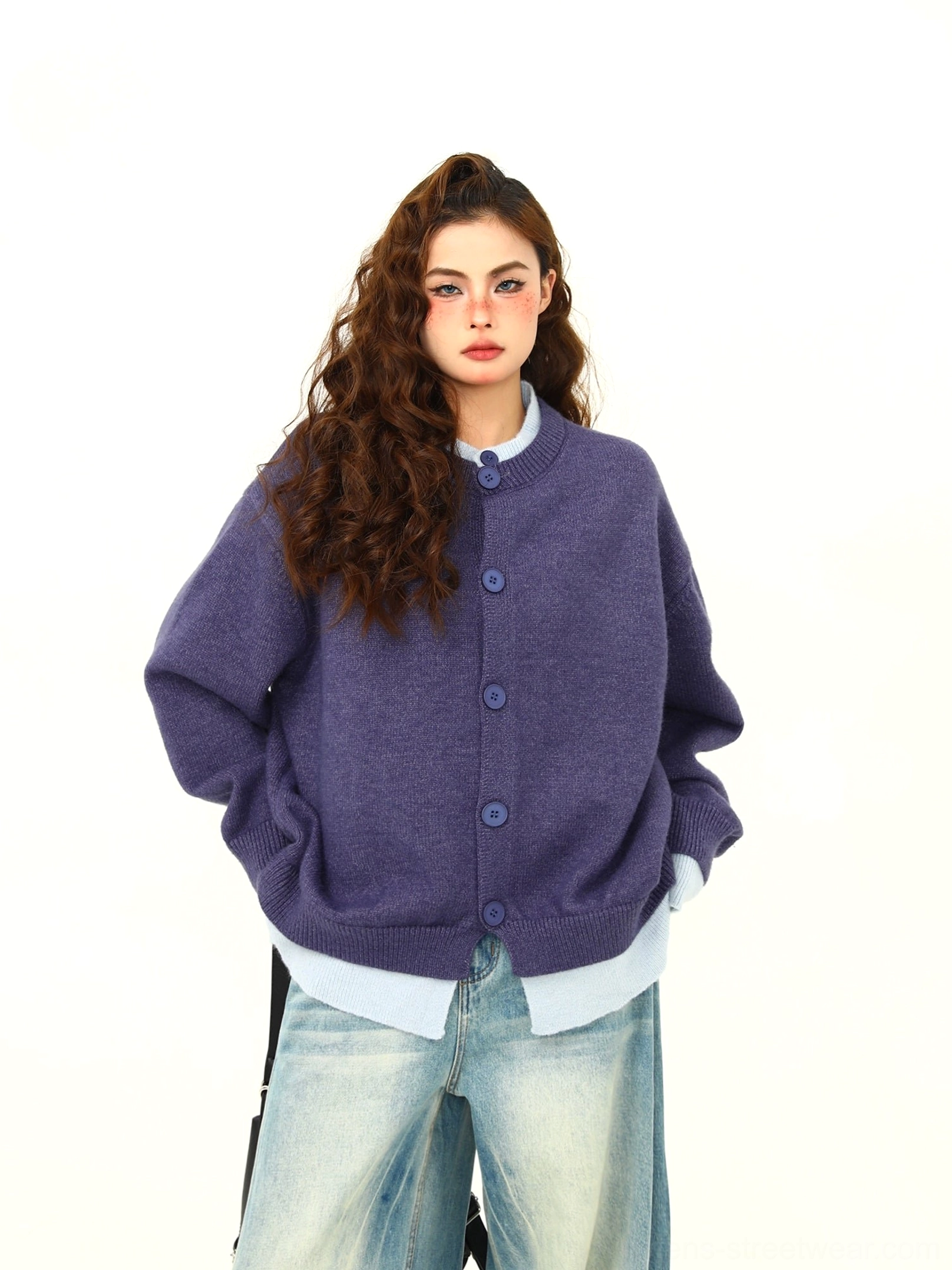 Women’s oversized layered hem button knit cardigan cozy Korean campus streetwear styling