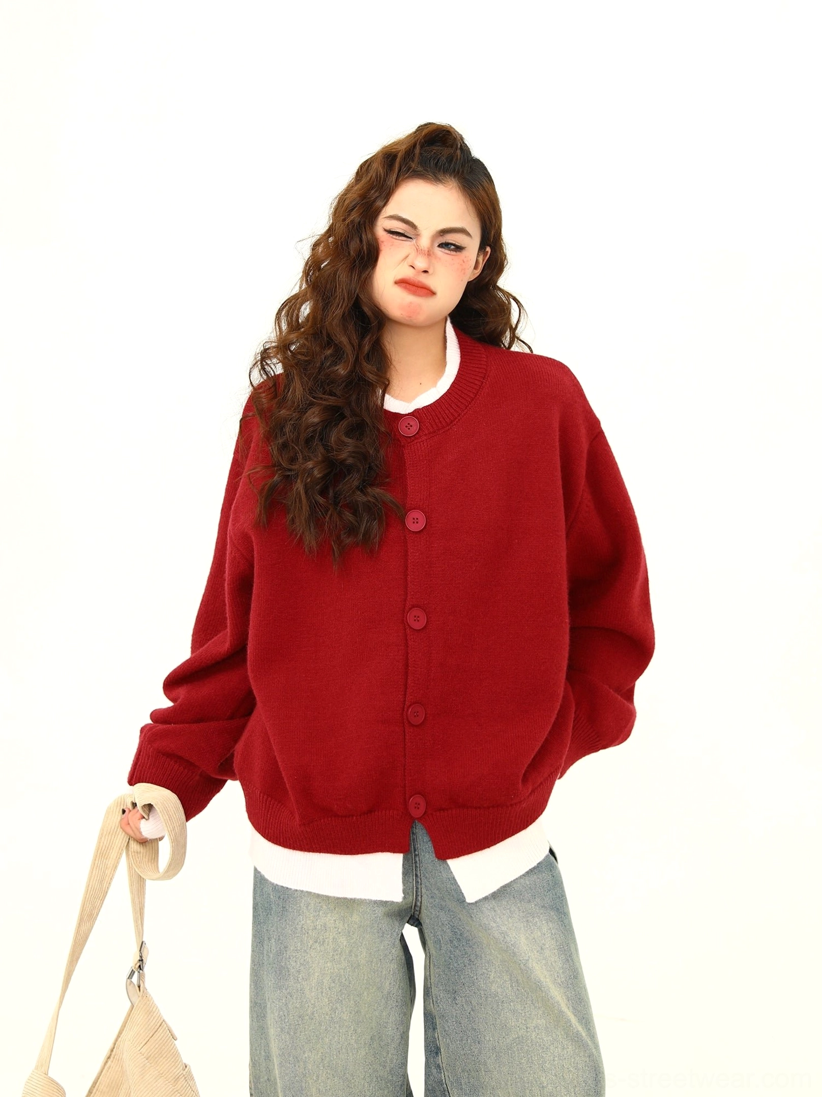 Oversized layered hem button knit cardigan long sleeve knitwear texture and relaxed fit detail