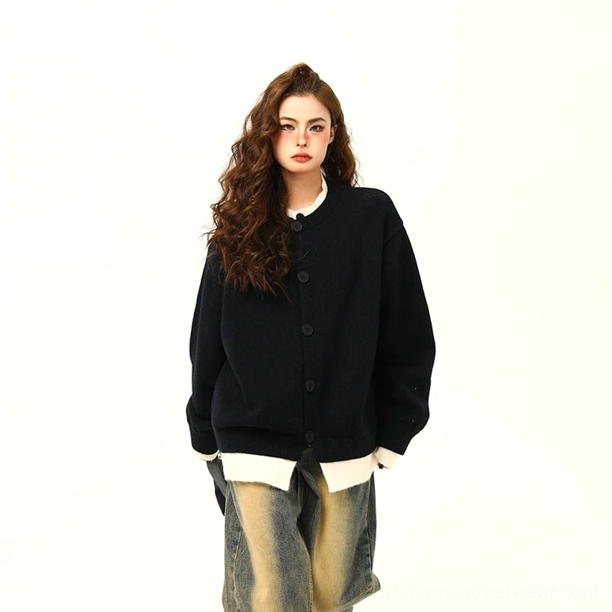 Oversized layered hem button knit cardigan soft synthetic blend women’s knitwear product view