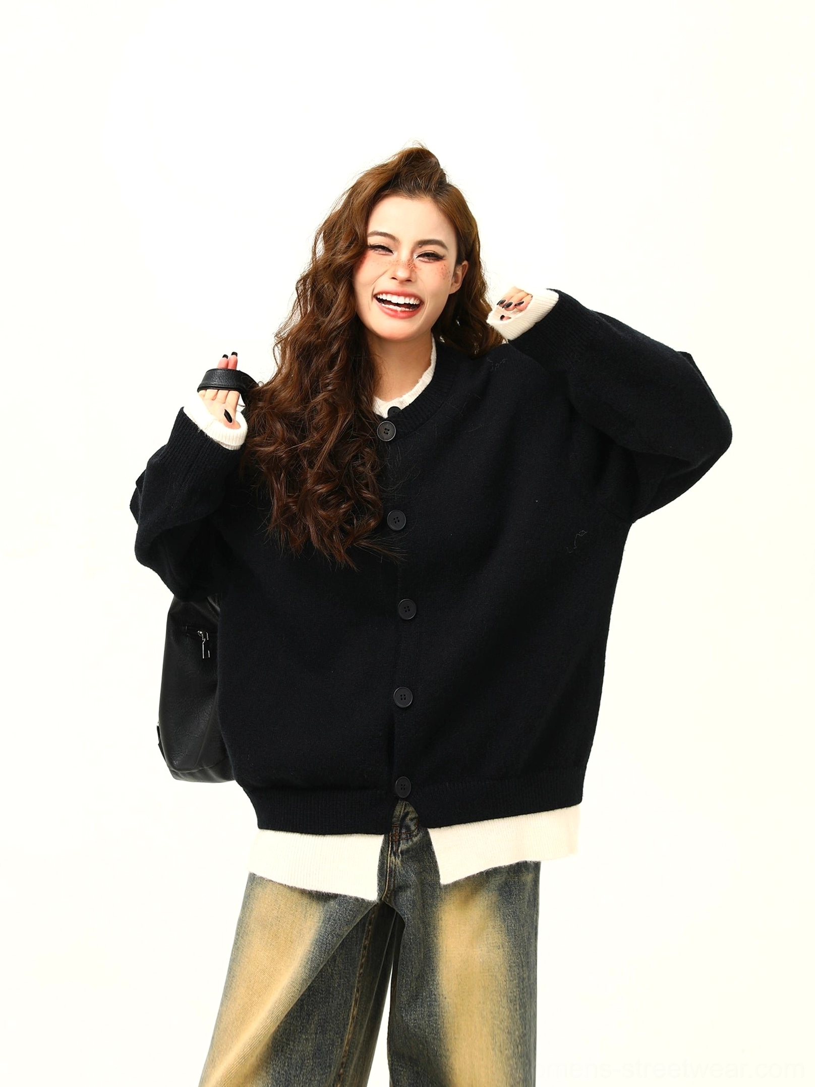 Oversized layered hem button knit cardigan women’s Korean streetwear fashion product detail view