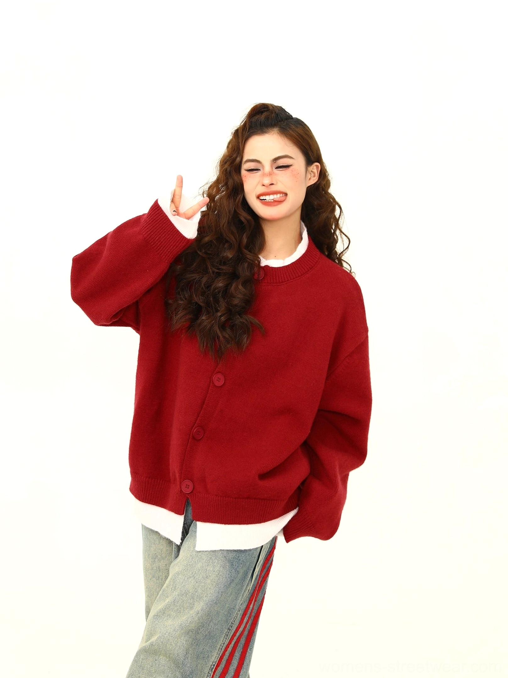 Oversized layered hem button knit cardigan styled as a casual Y2K inspired women’s sweater layer