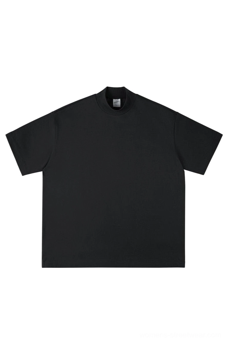 Black oversized mock neck short sleeve cotton t-shirt with clean boxy unisex streetwear silhouette