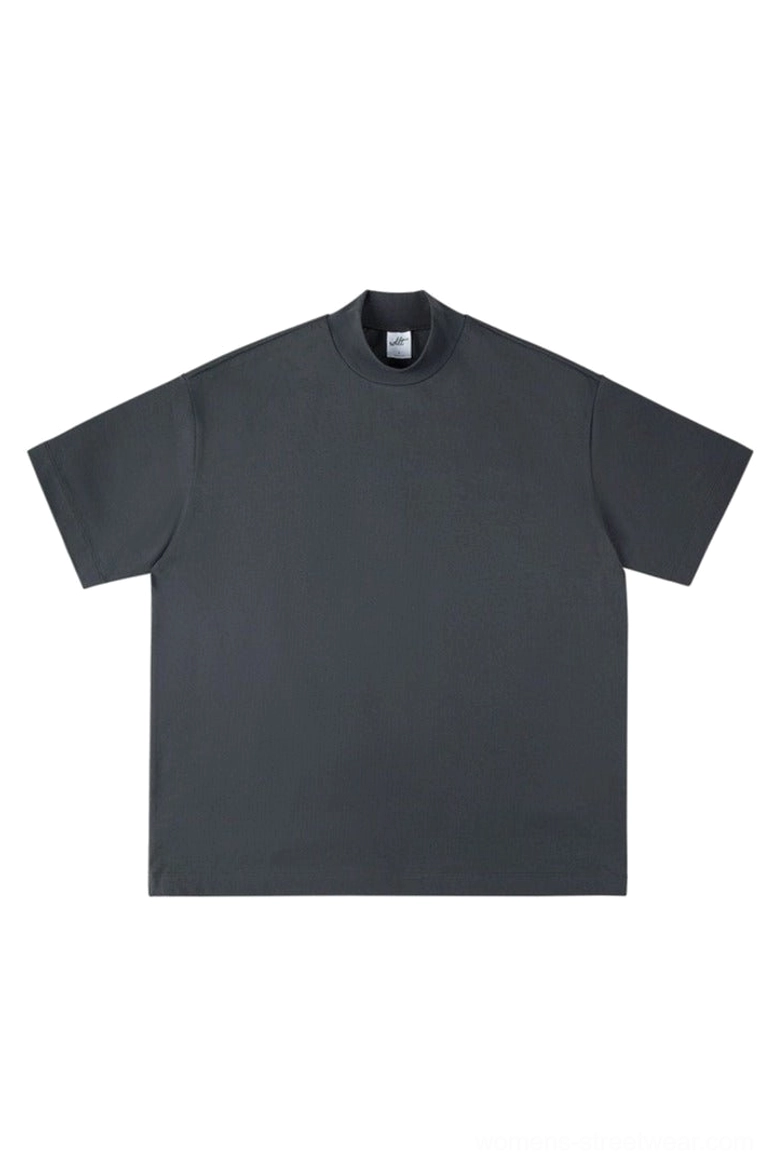 Deep charcoal gray oversized mock neck cotton t-shirt with relaxed dropped shoulders and minimalist design
