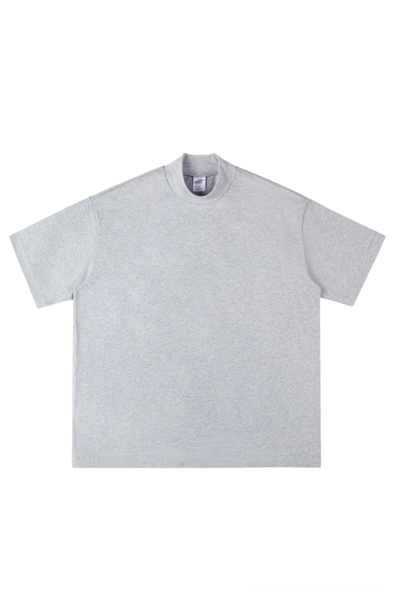 Heather gray oversized mock neck t-shirt in soft cotton with minimalist Korean fashion styling, flat lay view