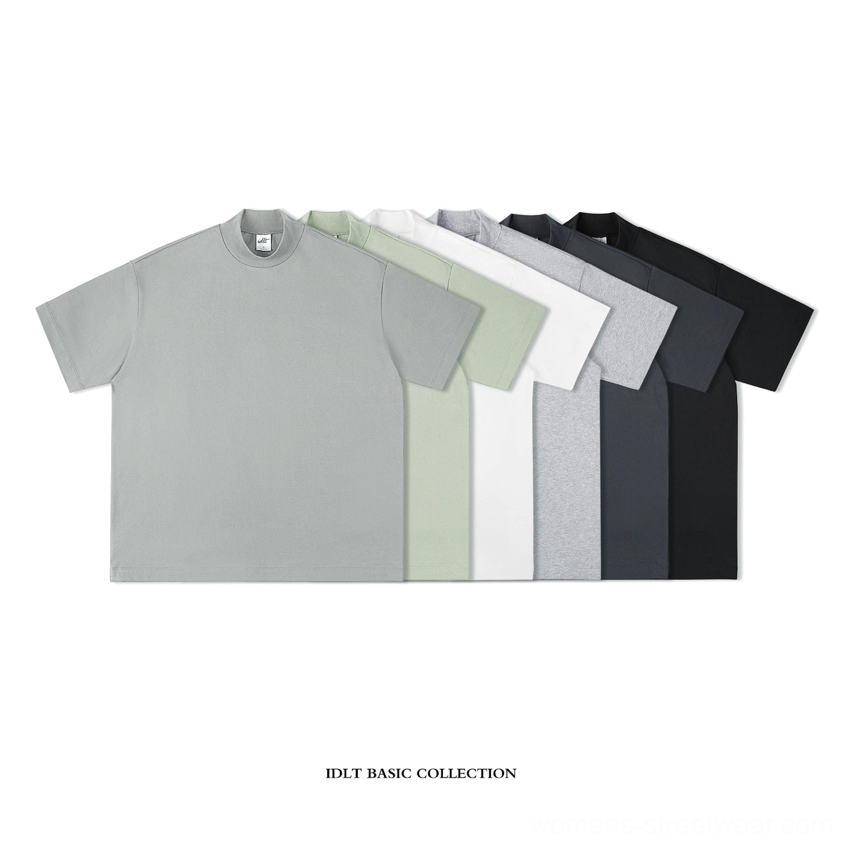Oversized mock neck cotton t-shirt collection showing multiple neutral and sage Korean streetwear color options