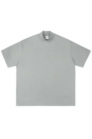 Light gray oversized mock neck cotton t-shirt in a clean boxy Korean streetwear silhouette, flat lay front view