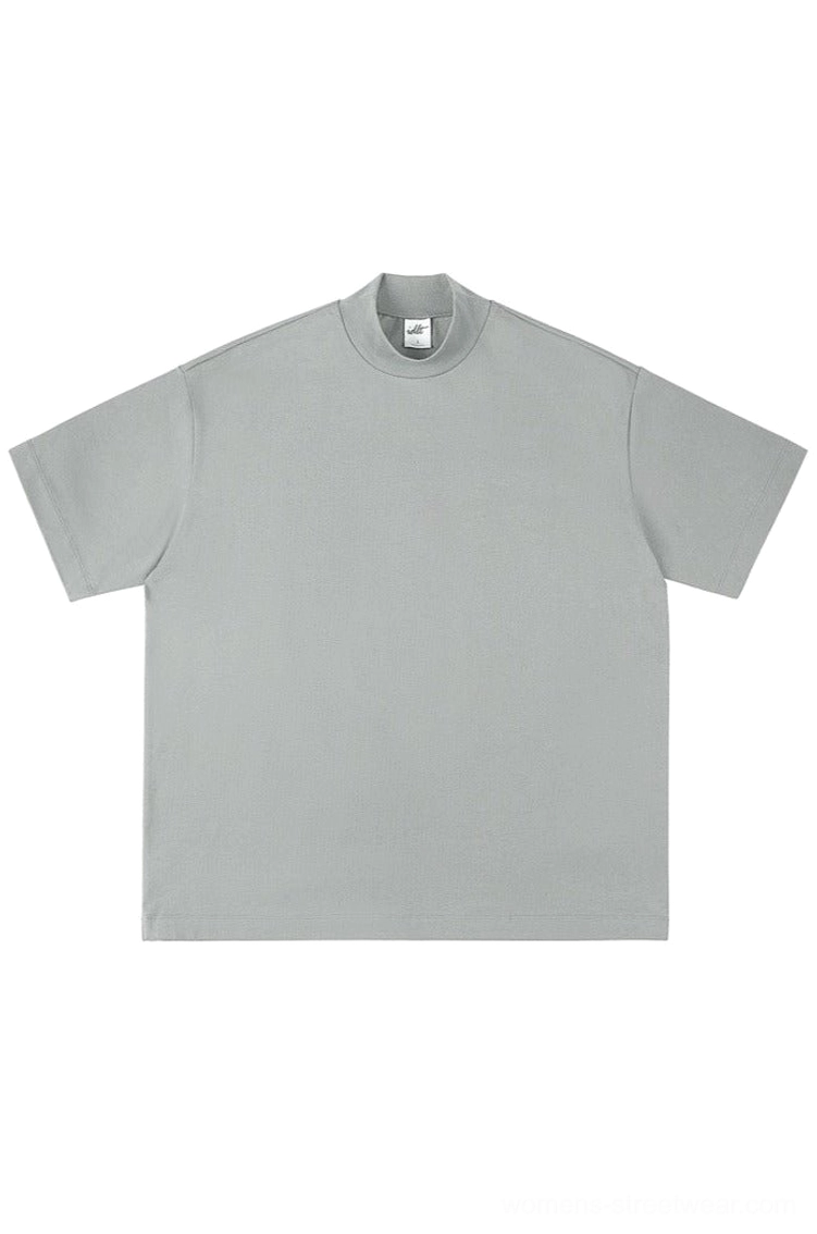 Light gray oversized mock neck cotton t-shirt in a clean boxy Korean streetwear silhouette, flat lay front view