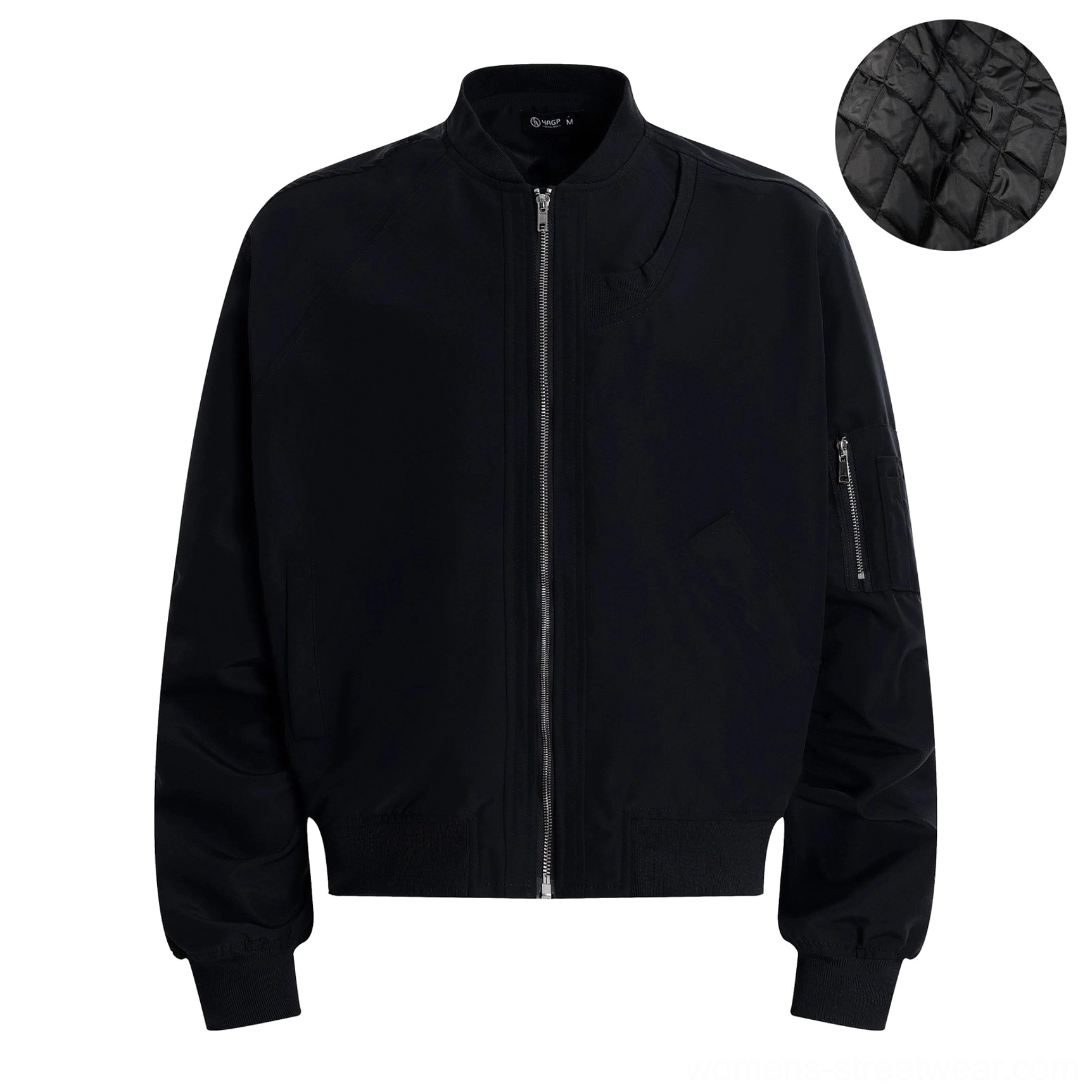 Black thickened oversized modular flight bomber jacket with two-way zipper and ribbed trims product view