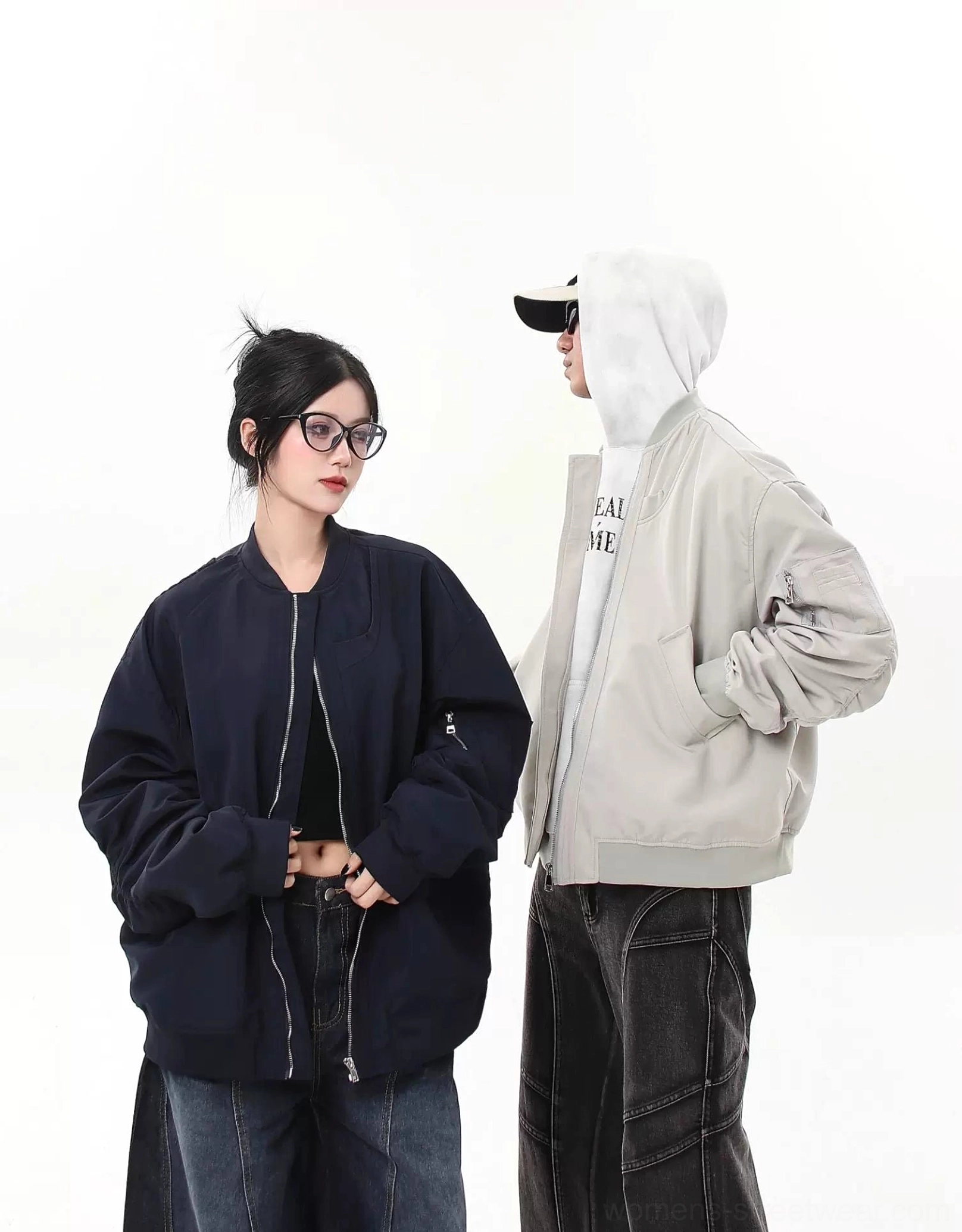Oversized modular flight bomber jacket couple outfit in relaxed Seoul streetwear styling