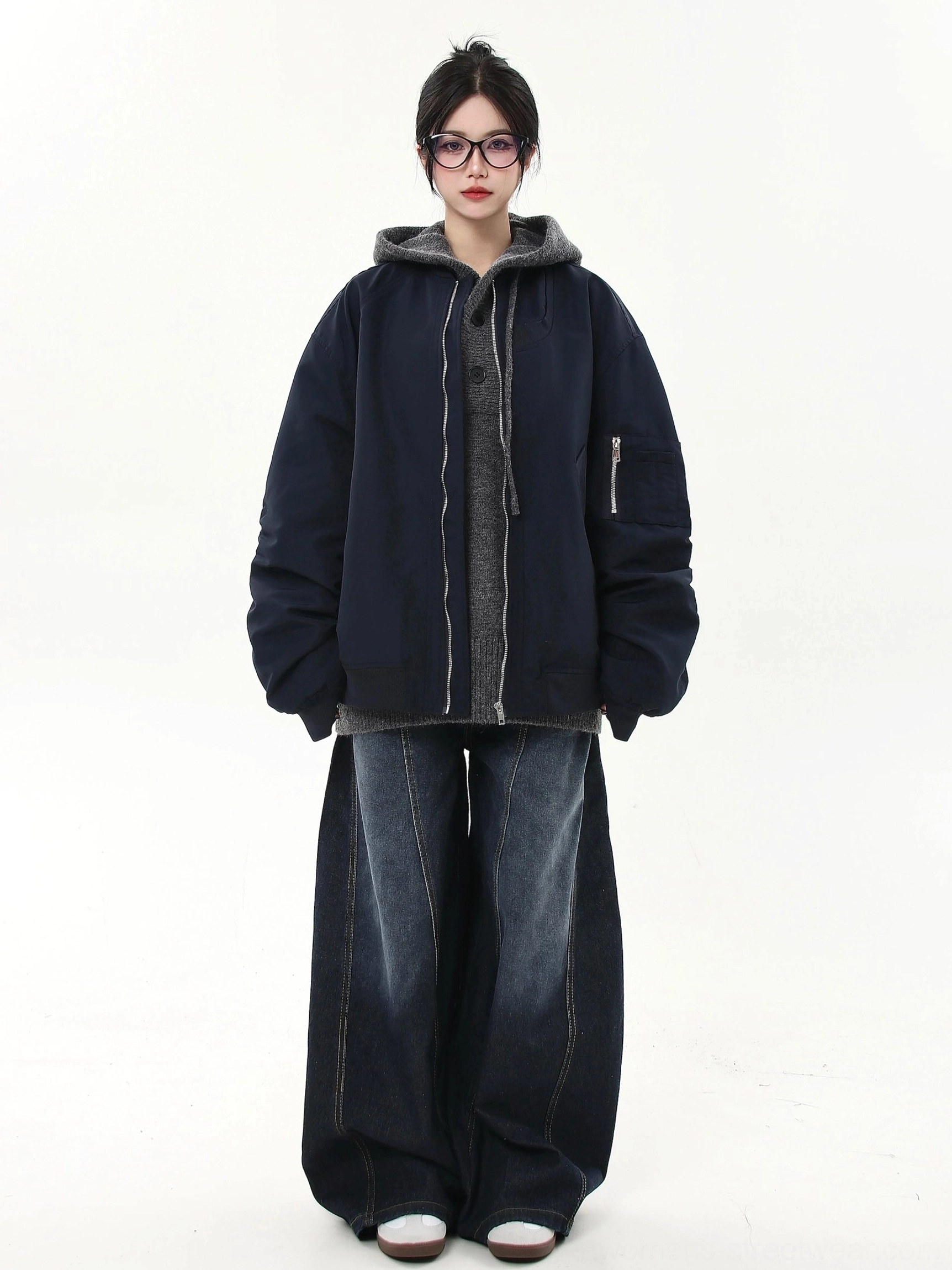 Oversized modular flight bomber jacket smooth polyester twill fabric and ribbed trim detail