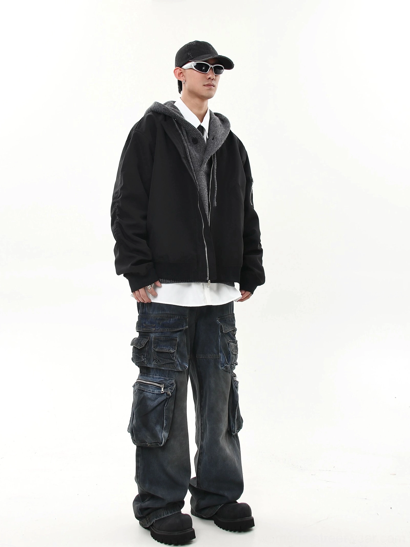 Oversized modular flight bomber jacket structured stand collar and relaxed sleeve construction