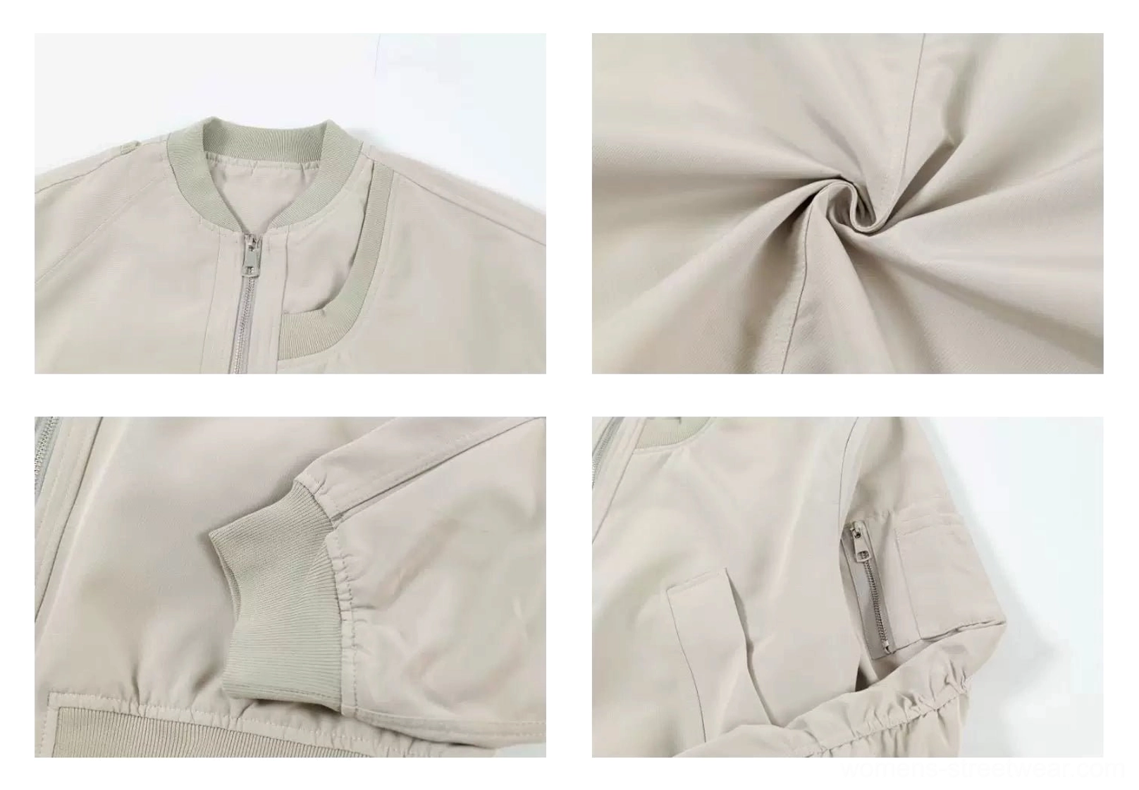 Close-up details of oversized modular bomber jacket showing metal zipper technical twill ribbed cuff and sleeve pocket