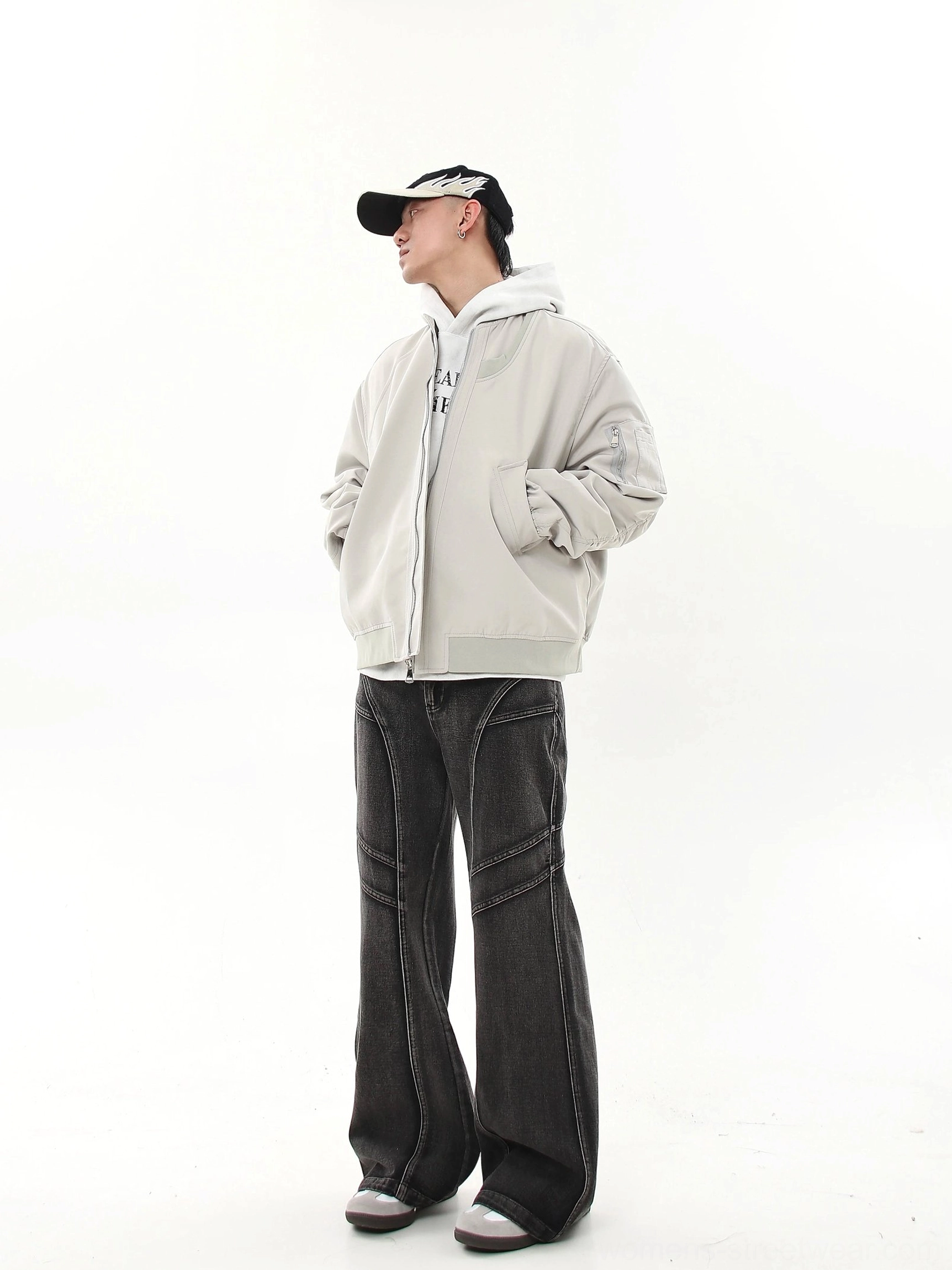 Oversized modular flight bomber jacket technical twill streetwear outerwear product view