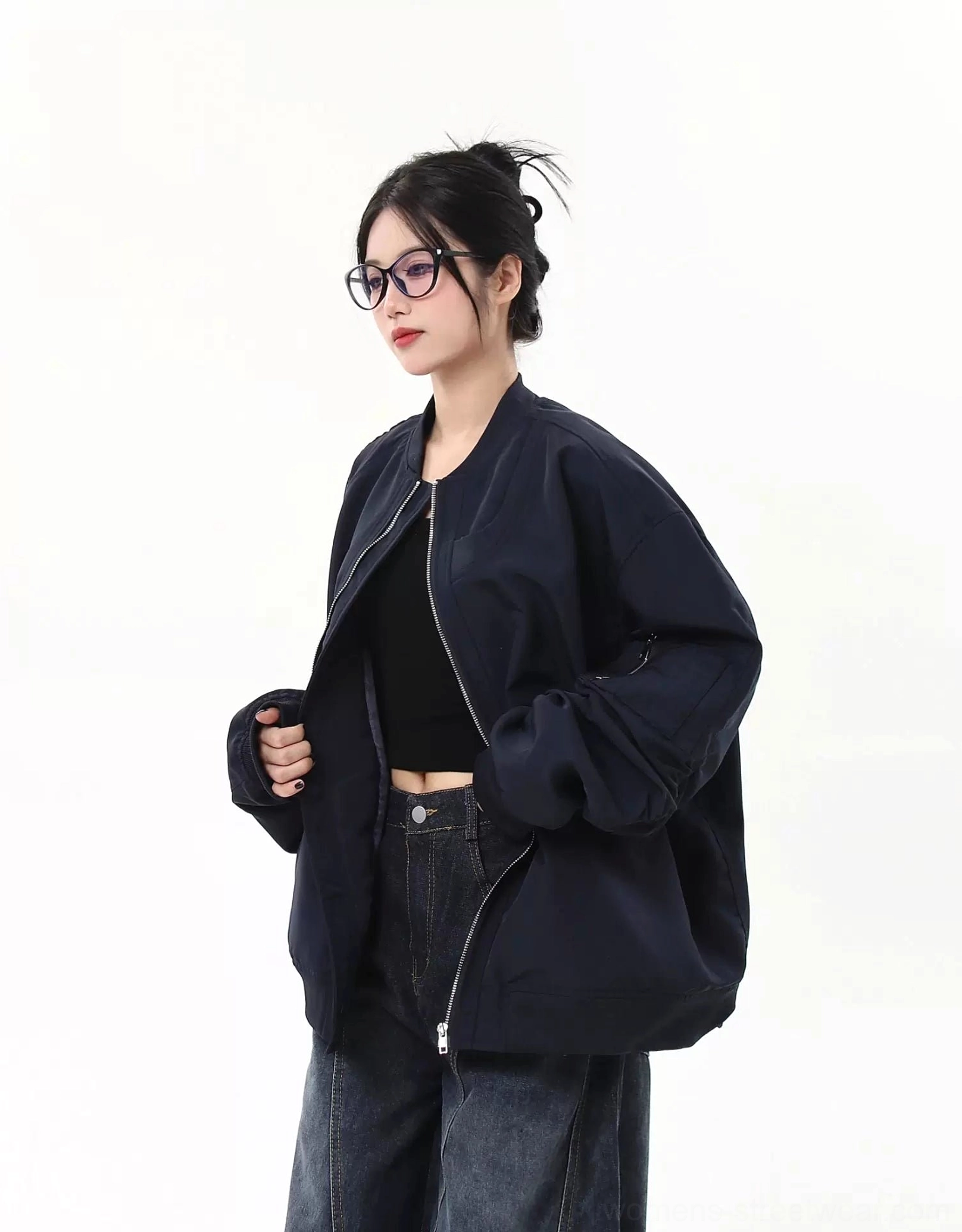 Oversized modular flight bomber jacket utility sleeve zip pocket close-up