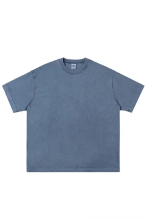 Dusty slate blue oversized pigment-washed 100 percent cotton crewneck T-shirt in relaxed Korean streetwear style