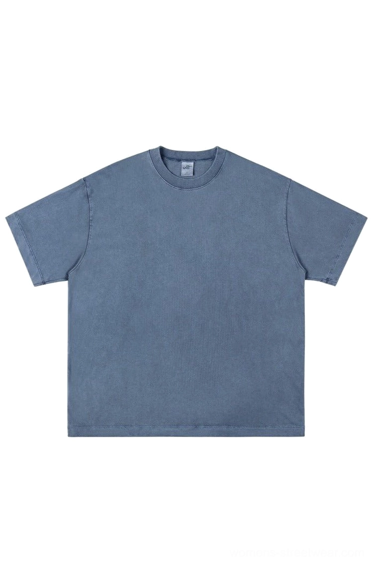Dusty slate blue oversized pigment-washed 100 percent cotton crewneck T-shirt in relaxed Korean streetwear style