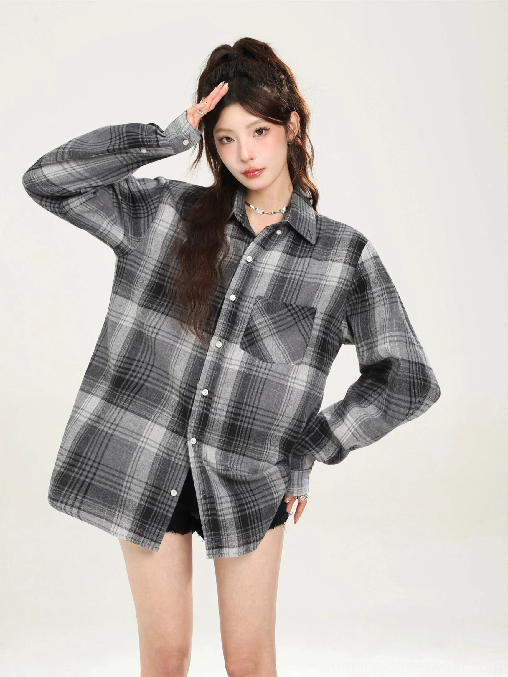 Black grey plaid oversized boyfriend shirt in a relaxed Korean streetwear full-body outfit