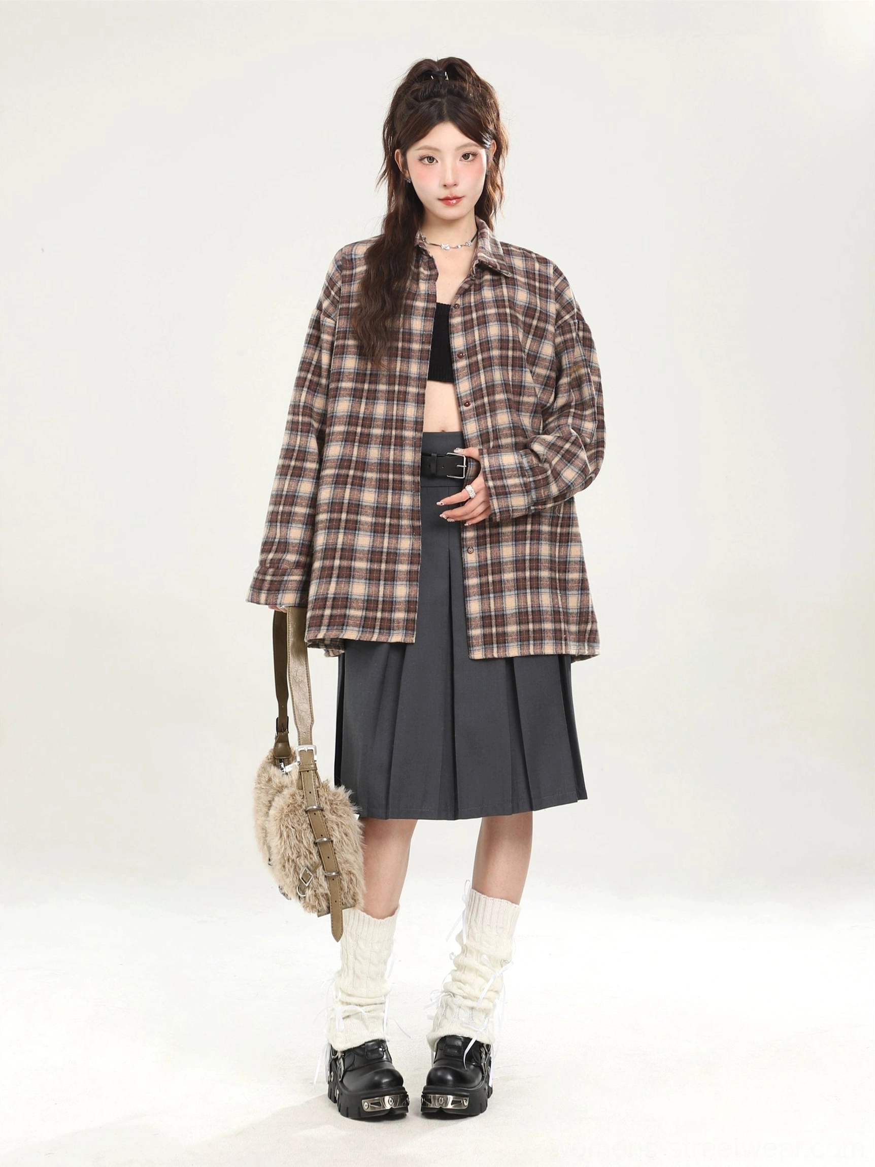 Oversized plaid boyfriend shirt for crop top layering product view 21