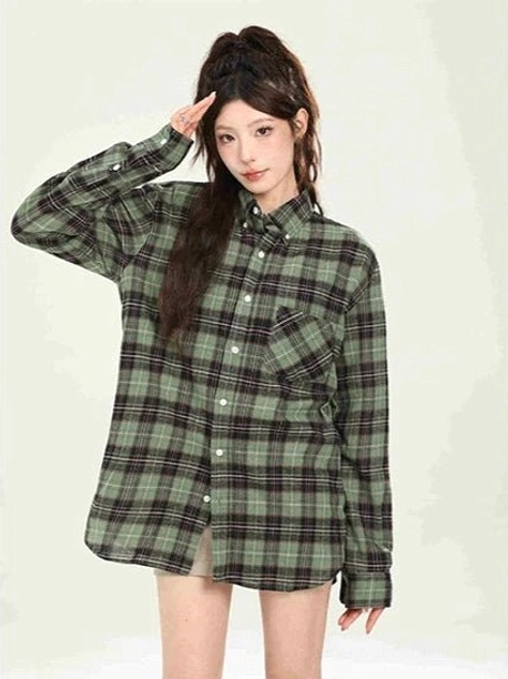 Green plaid oversized boyfriend shirt Korean streetwear color option product view