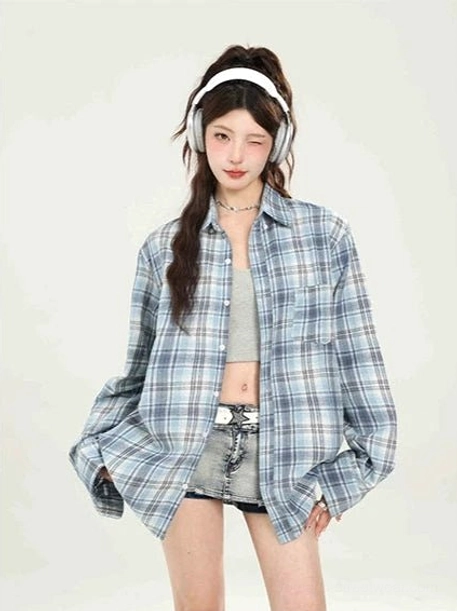 Oversized plaid boyfriend shirt Korean streetwear fashion product view 31