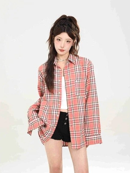 Pink plaid oversized boyfriend shirt Korean streetwear color option product view