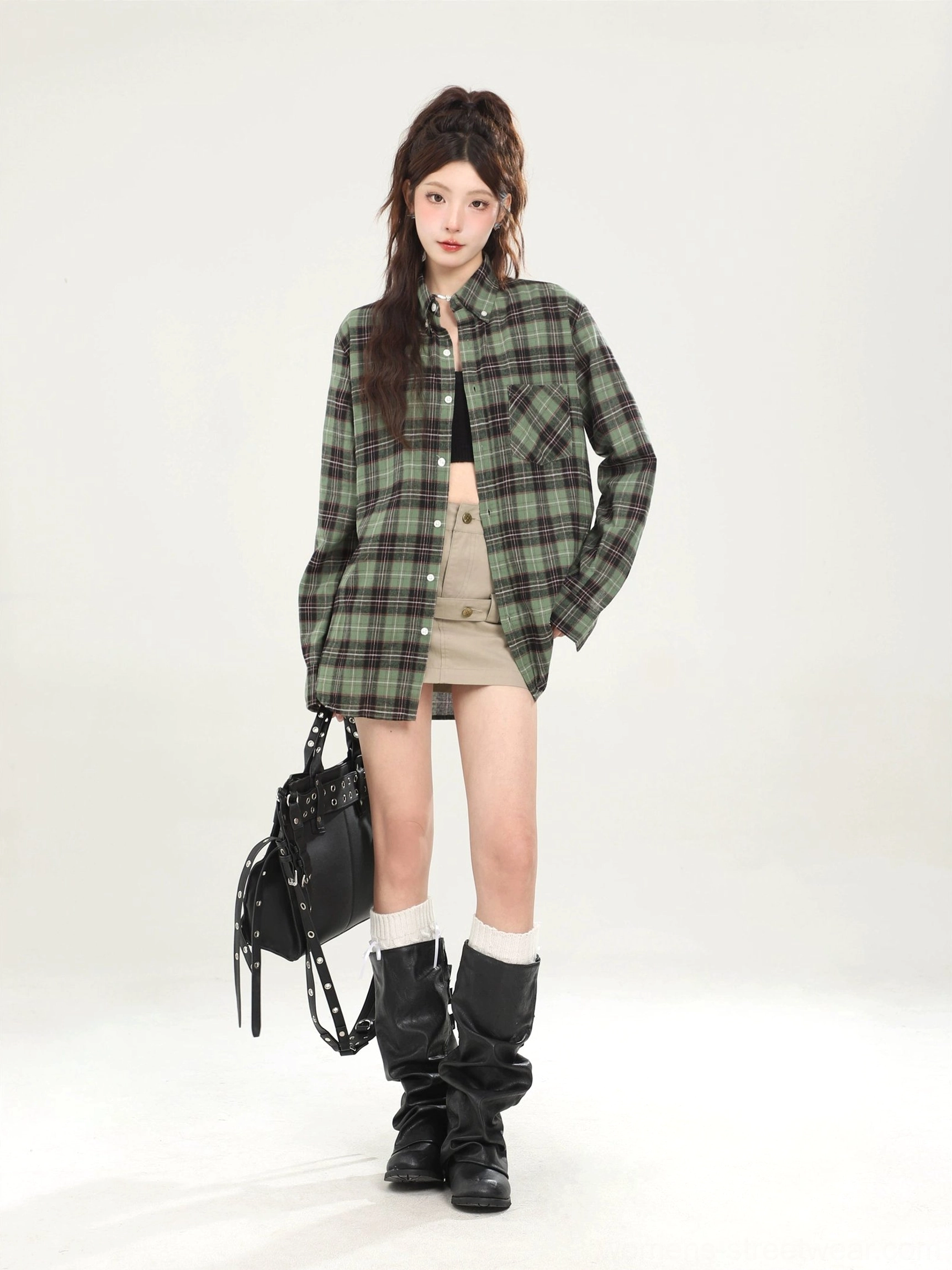 Oversized plaid boyfriend shirt vintage Y2K outer layer product view 26